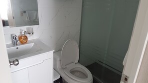 Hair dryer, towels, soap, shampoo