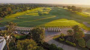 A golf course with a parking area and palm trees.