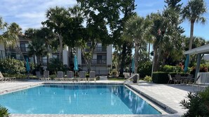 A rectangular swimming pool with a tiled deck, surrounded by palm trees and lounge chairs. - Steps to#1 rated Beach in USA Spacious2+2Condo,pool,garageTranquil Setting (Siesta Key)