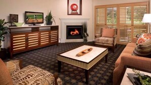 Una sala de estar con chimenea, televisor y sofá.