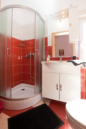 Hair dryer, towels, soap, toilet paper