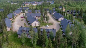A residential area with multiple houses, a central driveway, and a mountain in the background.