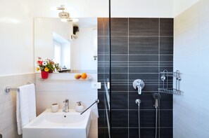 Combined shower/bathtub, hair dryer, towels, soap