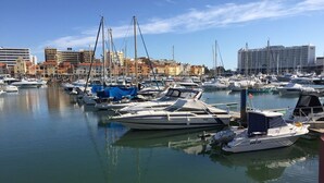 Uma marina com vários barcos atracados, edifícios ao fundo e céu claro.