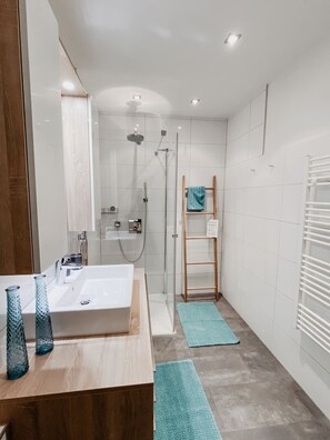 Shower, hair dryer, towels, soap