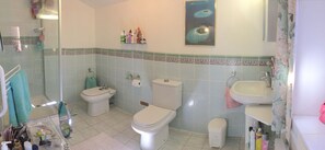 Ducha y bañera combinadas, secador de pelo, bidé y toallas