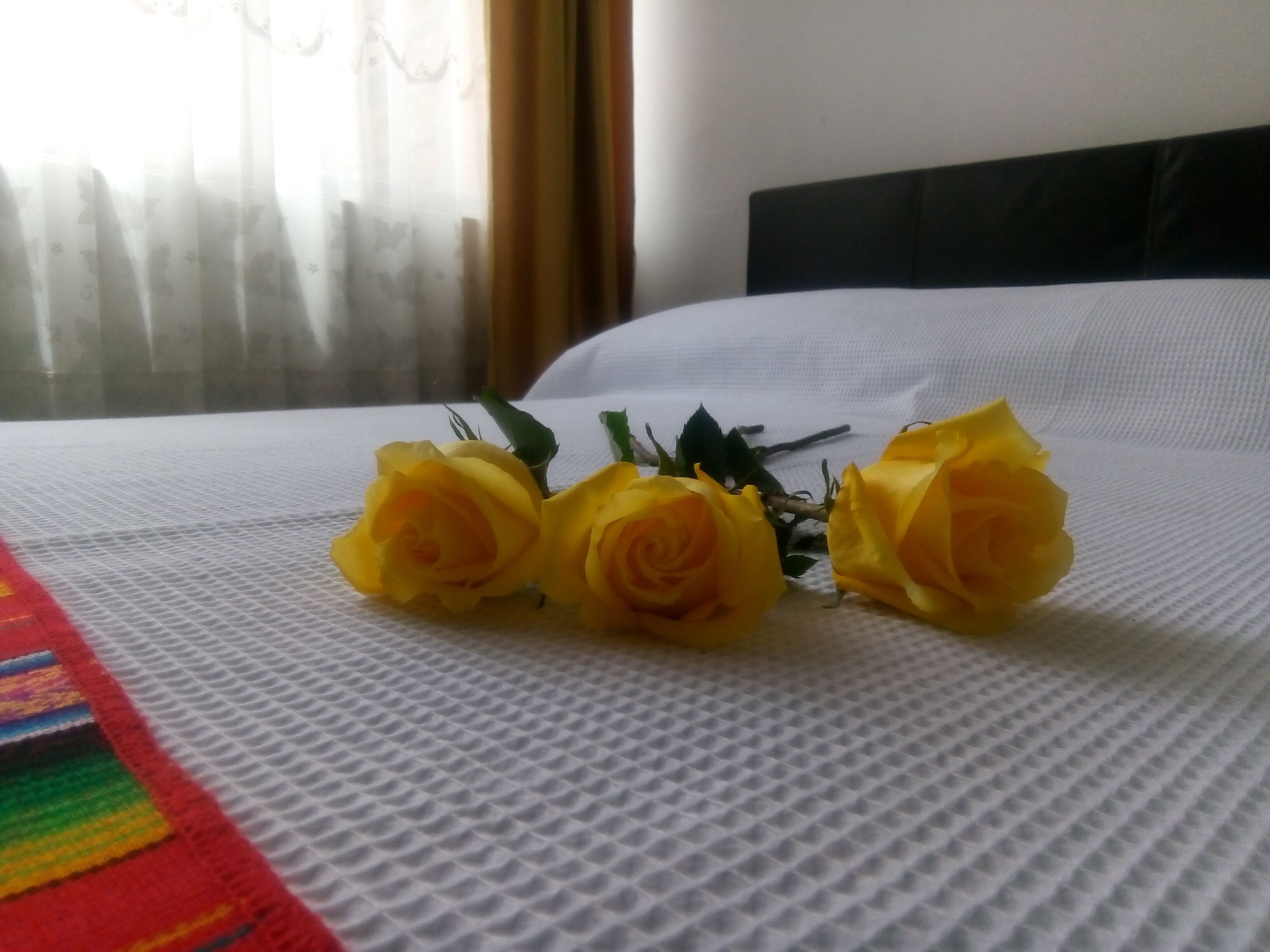 Una cama con una colcha blanca con textura y un ramo de rosas amarillas sobre ella.