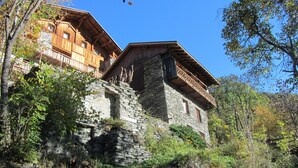 A traditional wooden chalet with stone walls, built on a hillside with a view of the surrounding forest. - Chalet / stone house (Sainte-Foy-Tarentaise)