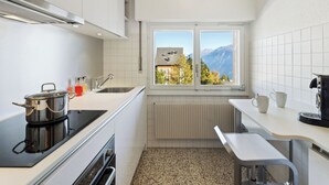 A modern kitchen with a stove, sink, and window overlooking mountains.