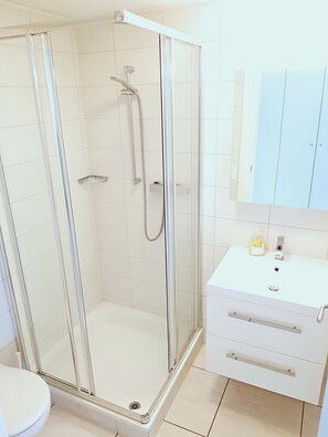 Hair dryer, towels, soap, shampoo