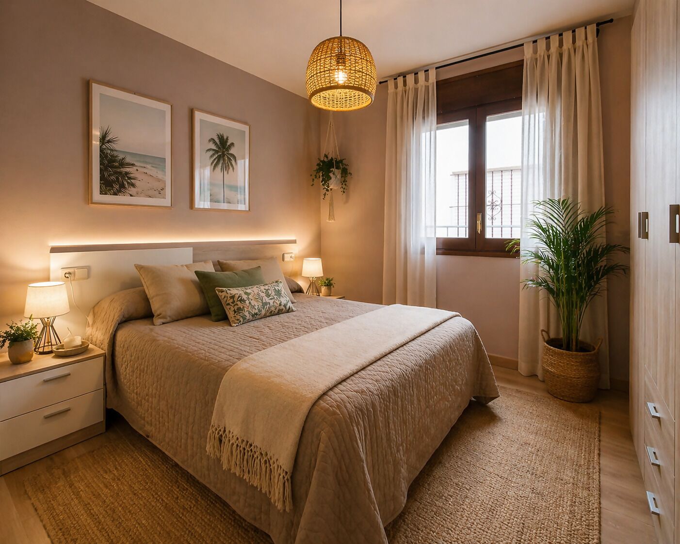 Una camera da letto con un letto grande, lampade da comodino, un lampadario, una finestra con tende e due quadri appesi al muro.