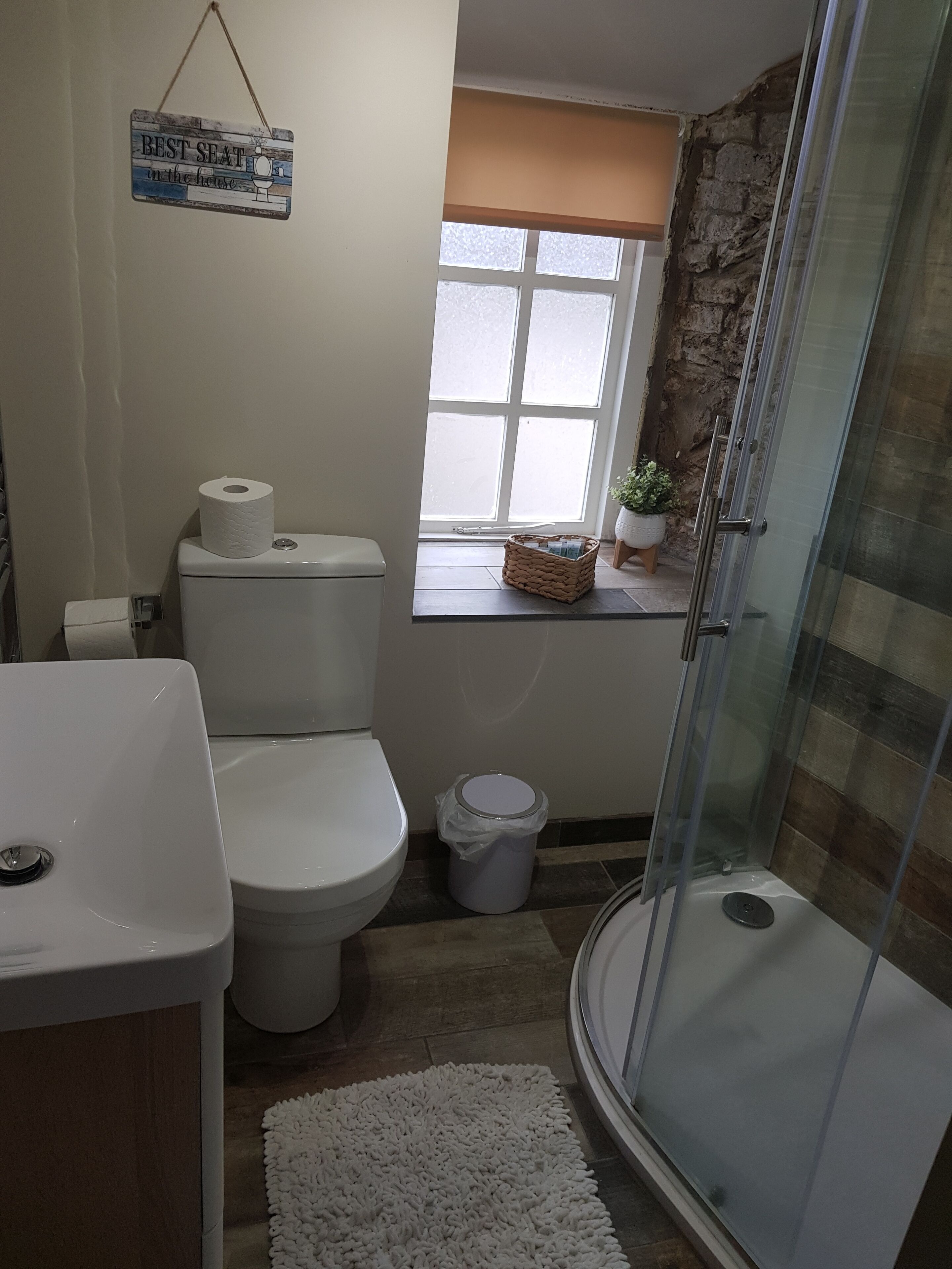 Shower, hair dryer, towels, toilet paper