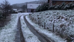 A rural road with a wooden house on the right and a barn in the background. - Tigh a Chabar, Savary. Nr Lochaline.  Cosy cottage, sleeps 4.  Sea views. (Morvern, Argyll)