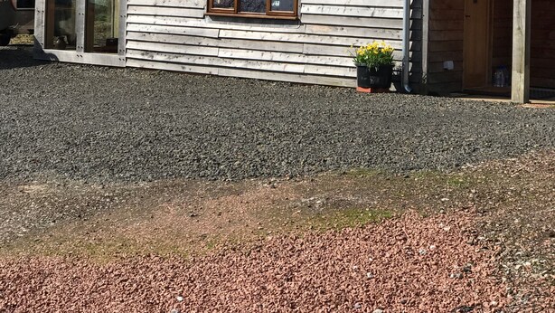 A wooden house with two skylights, a gravel driveway, and a small garden with yellow flowers. - Tigh a Chabar, Savary. Nr Lochaline.  Cosy cottage, sleeps 4.  Sea views. (Morvern, Argyll)