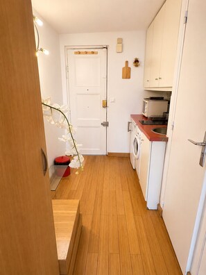 A compact kitchen with a washing machine, a microwave, and a sink. - Le Loft Boissy (Paris)