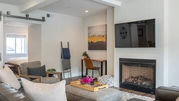 TV connectée, cheminée, livres, chaîne hi-fi