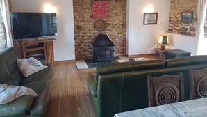 Un salón acogedor con pared de piedra, chimenea, televisor y asientos cómodos.