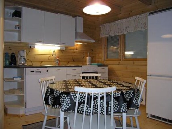 Fridge, microwave, dishwasher, cookware/dishes/utensils