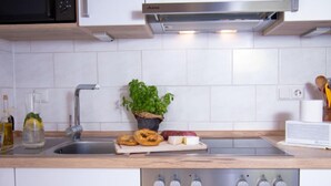 A modern kitchen with white cabinets, a stainless steel sink, a built-in oven, and a potted plant. - Lachmöwe by Interhome (Norddeich)