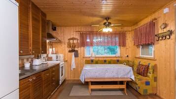 Fridge, microwave, dishwasher, cookware/dishes/utensils