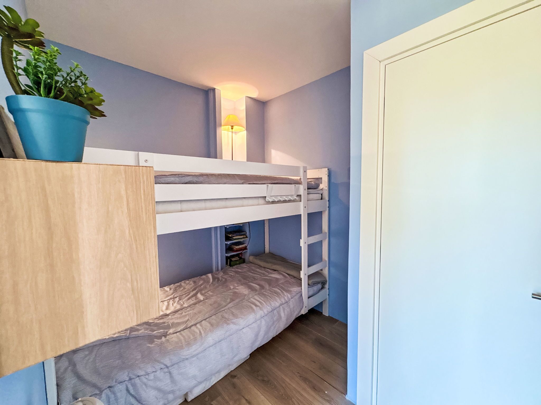 A bunk bed room with a potted plant, a bedside lamp, and a door.