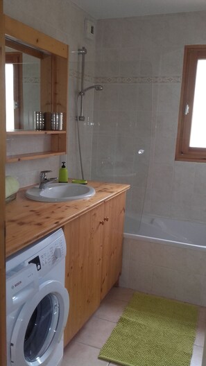 Tina, secadora de cabello, jabón, papel de baño