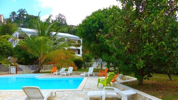 A swimming pool with lounge chairs, a stone patio, and surrounding greenery.