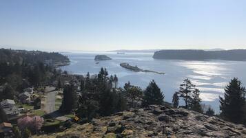 A coastal landscape with rocky terrain, a clear view of the sea, and a distant shoreline with buildings.