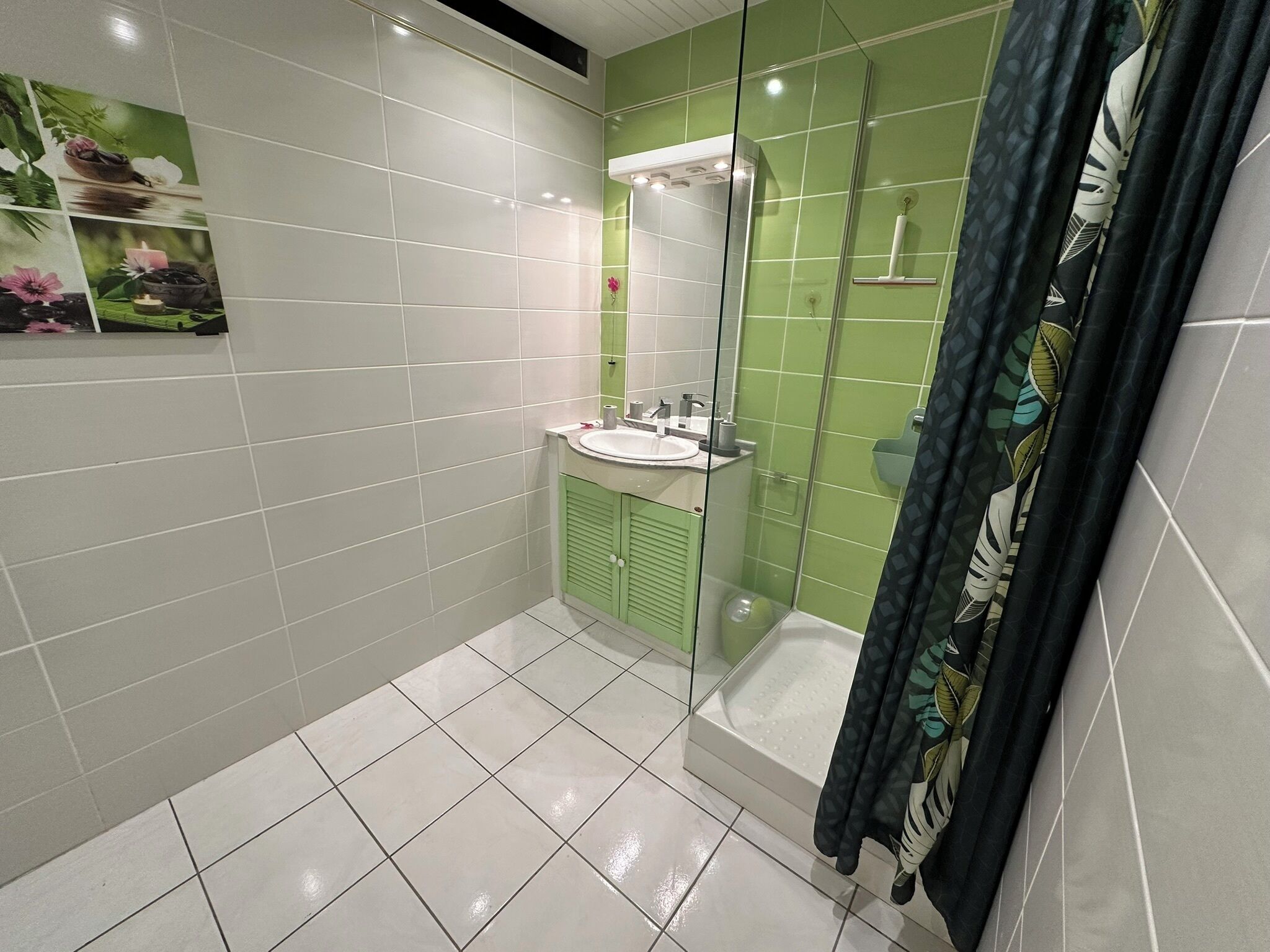 Une salle de bain équipée d’un lavabo, d’un miroir et d’un espace douche.
