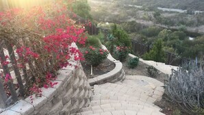 Un escalier en pierre mène à un jardin orné de bougainvilliers et offre une vue sur un paysage vallonné.