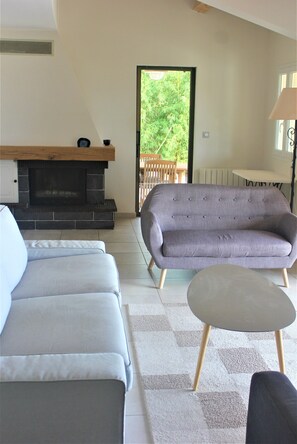 Smart TV, caminetto, libri, impianto stereo