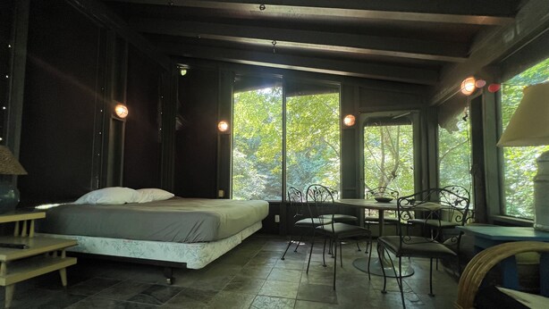 Une chambre à coucher avec un lit, une table et des chaises, de grandes fenêtres donnant sur la forêt et un plafond en bois.