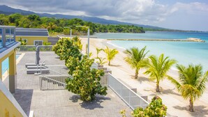 A beachfront property with a pool, palm trees, and a view of the ocean.