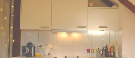 Fridge, microwave, coffee/tea maker, electric kettle