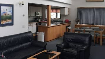 Televisión, chimenea, reproductor de DVD y estéreo