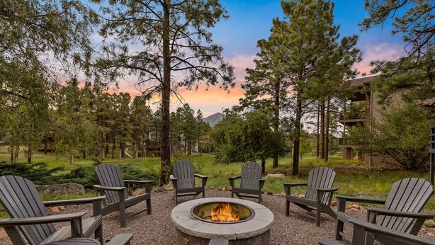 Un foyer circulaire est entouré de chaises Adirondack dans un espace extérieur boisé, avec vue sur une montagne et un bâtiment en arrière-plan.