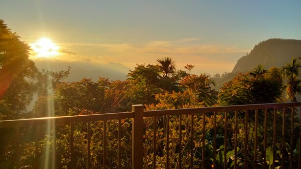 Balcón con vista a un paisaje montañoso y vegetación exuberante al amanecer o al atardecer.