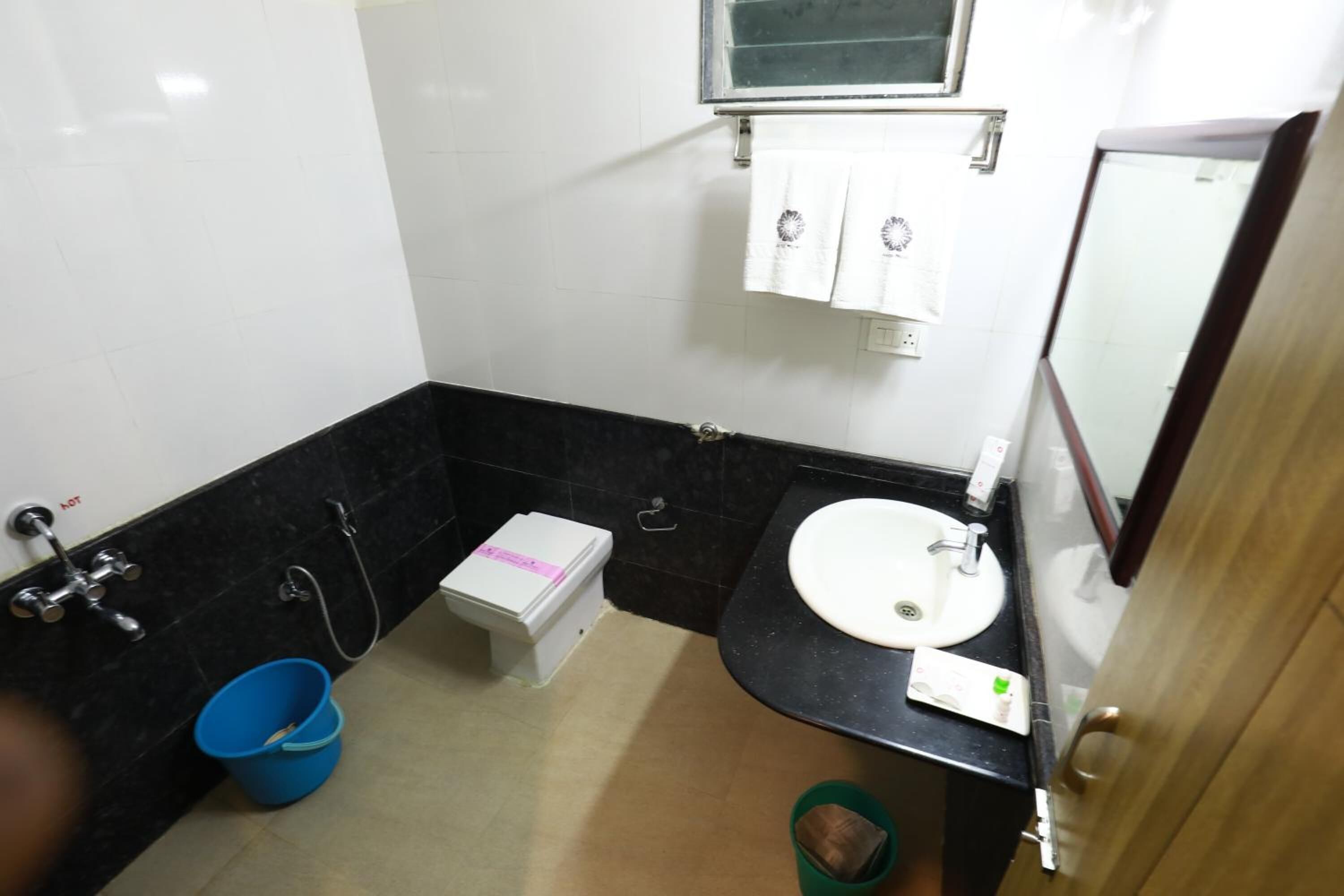 A small bathroom with a white sink, black countertop, and a mirror. There is a blue bucket on the floor and a green trash bin.