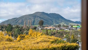 A mountain with a residential area in the foreground. - Treetop Hideaway - Taupo Holiday Home (Taupo Central)