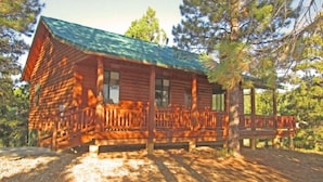Una cabaña de troncos con techo verde, rodeada de árboles.