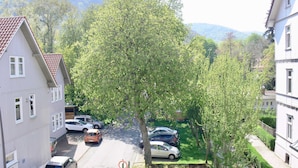 A residential street with parked cars, houses, and a large tree. - legendary germany (Bad Harzburg)