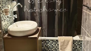 Hair dryer, towels, shampoo, toilet paper