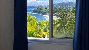 Habitació amb una finestra gran que ofereix vista a un paisatge costaner amb palmeres i una platja.