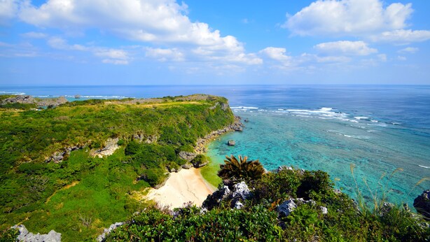 A coastal landscape with a sandy beach, lush greenery, and clear blue waters. - Hotel Henza (Uruma)