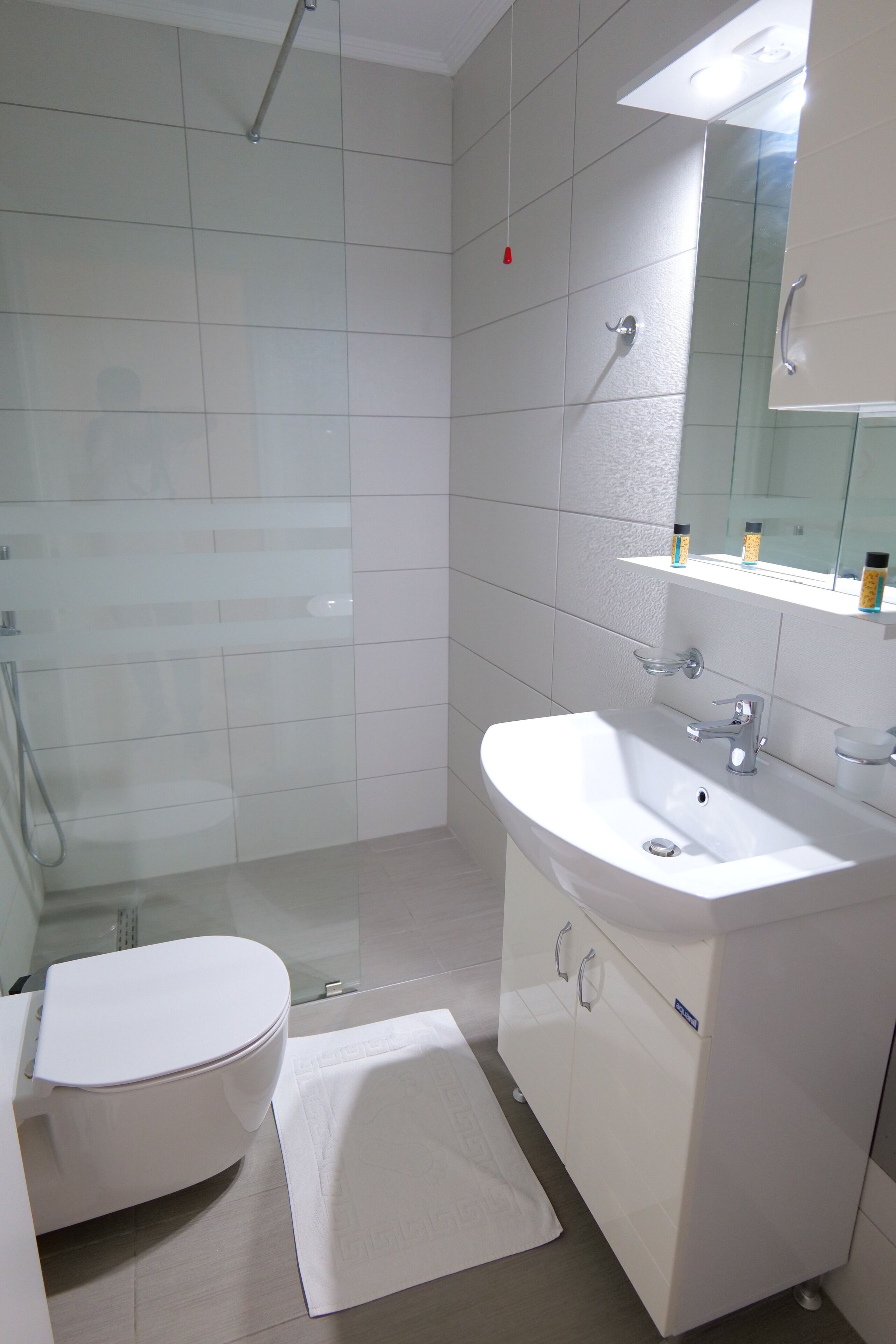 A bathroom with a white toilet, a sink, and a shower.