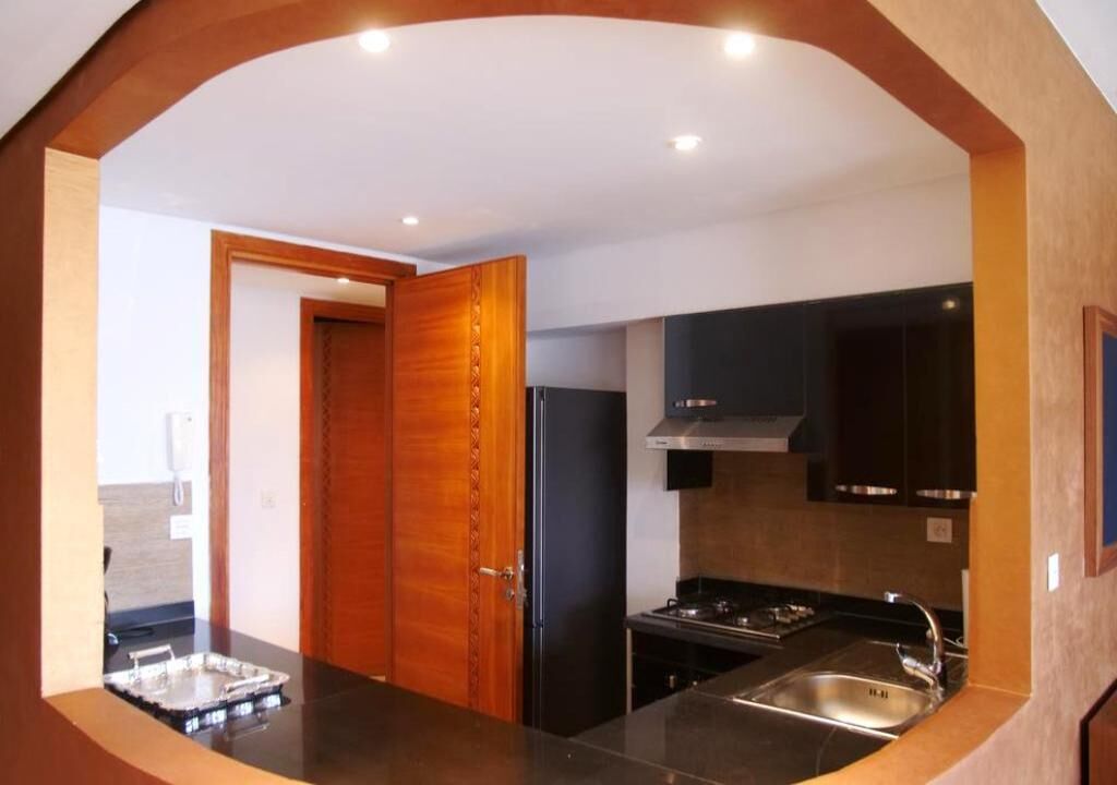 Une cuisine moderne avec un plan de travail noir, un évier en acier inoxydable et une porte en bois.