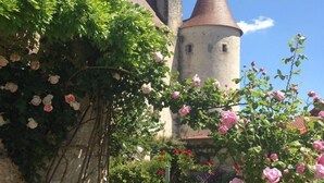 A garden with blooming roses and a historic tower.