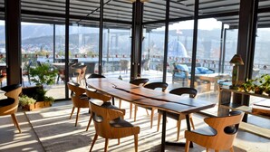 Une salle de réunion moderne, dotée d’une grande table et de chaises en bois, de larges fenêtres offrant une vue sur la ville et de plantes en pot.