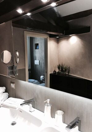 Chuveiro, secador de cabelo, bidê, toalhas de banho