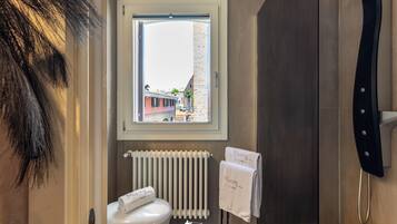 Shower, hair dryer, bidet, towels